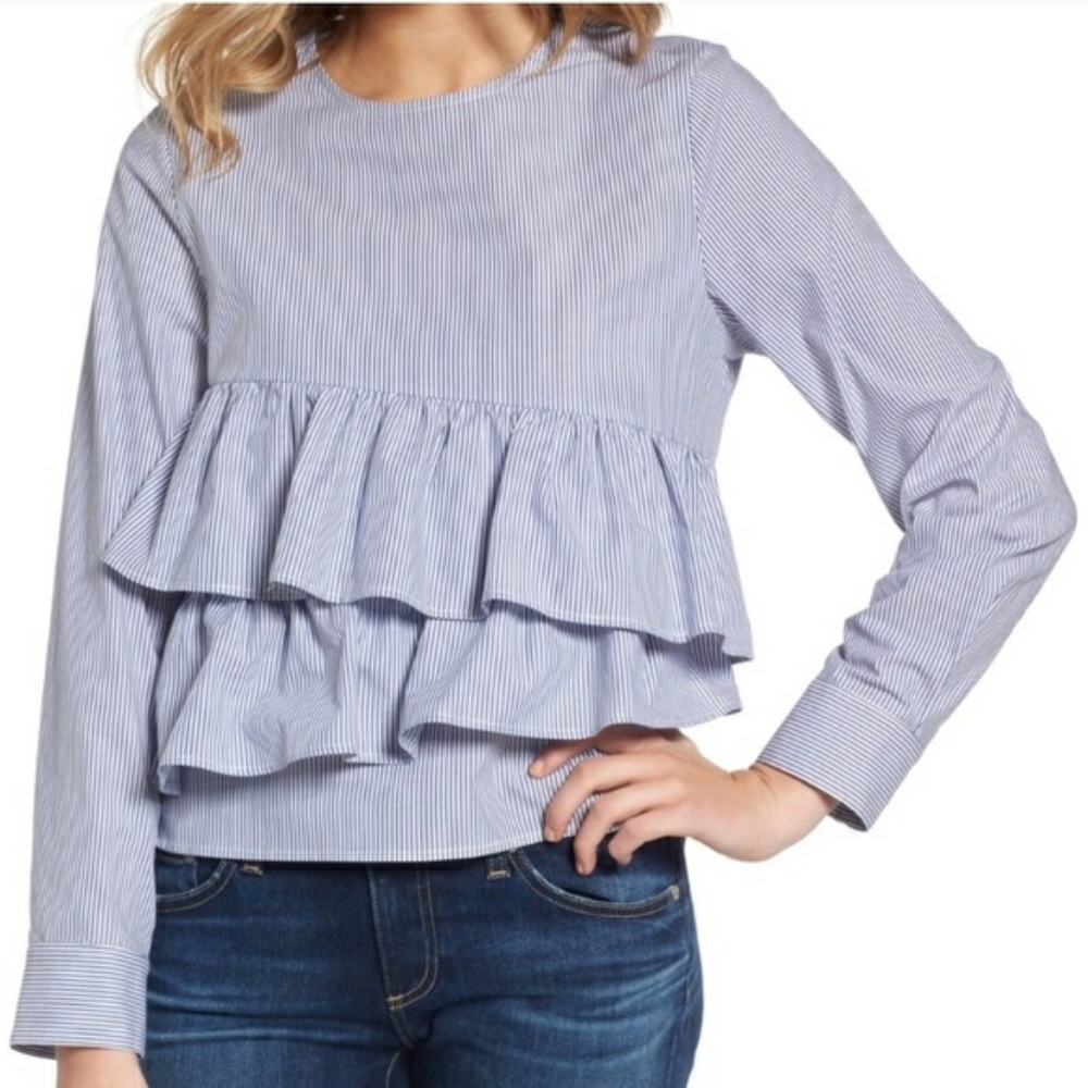 Sincerely jules blue white pinstripe asymmetrical ruffle victoria blouse